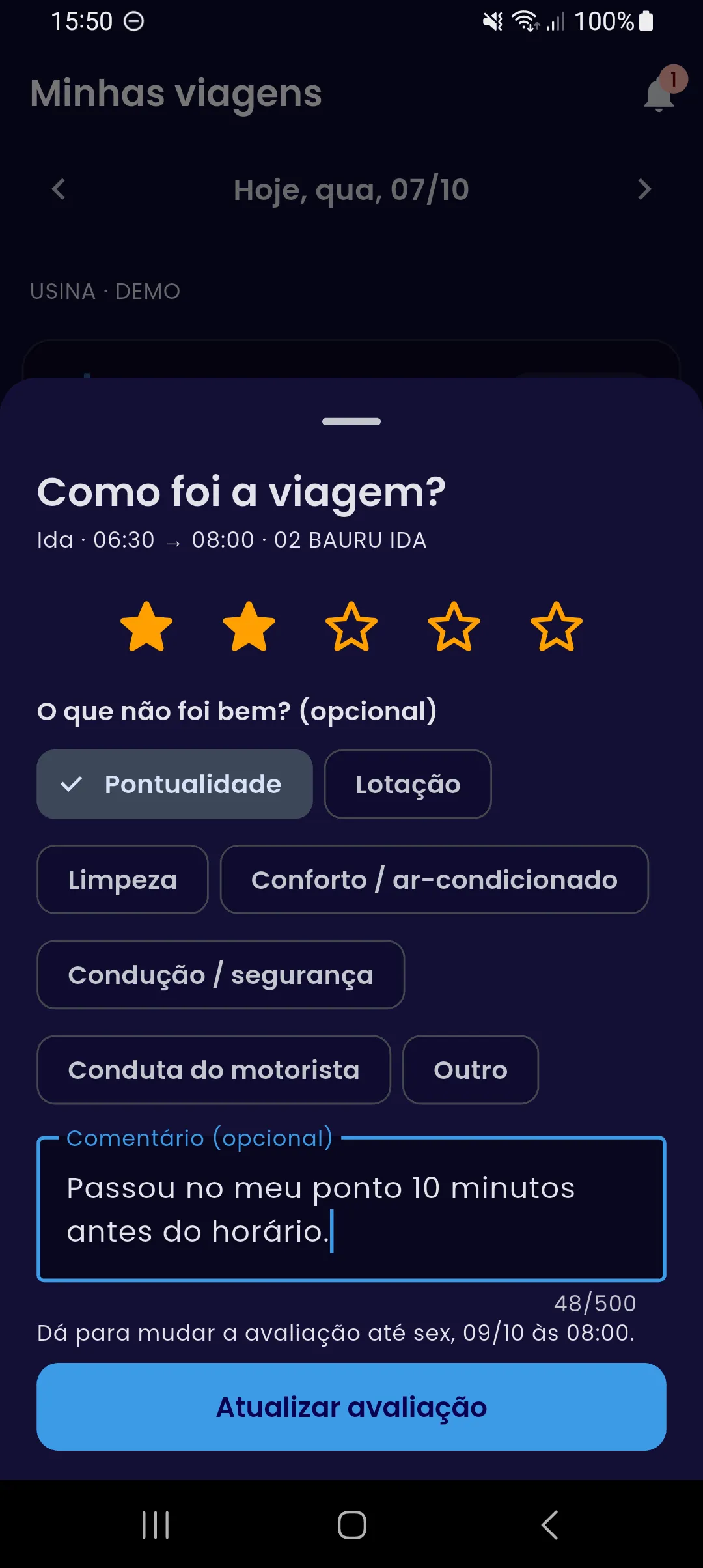 Avaliação de uma viagem encerrada no aplicativo: nota de duas estrelas, os motivos possíveis com Pontualidade marcada, um comentário sobre o ônibus ter passado antes do horário e o prazo para mudar a avaliação.