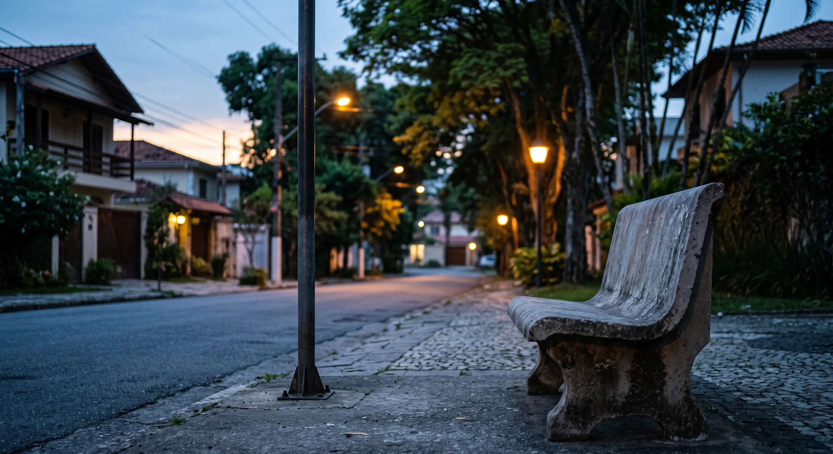 Banco de concreto de um ponto de ônibus vazio numa calçada arborizada de bairro, pouco antes do nascer do sol, com os postes ainda acesos.