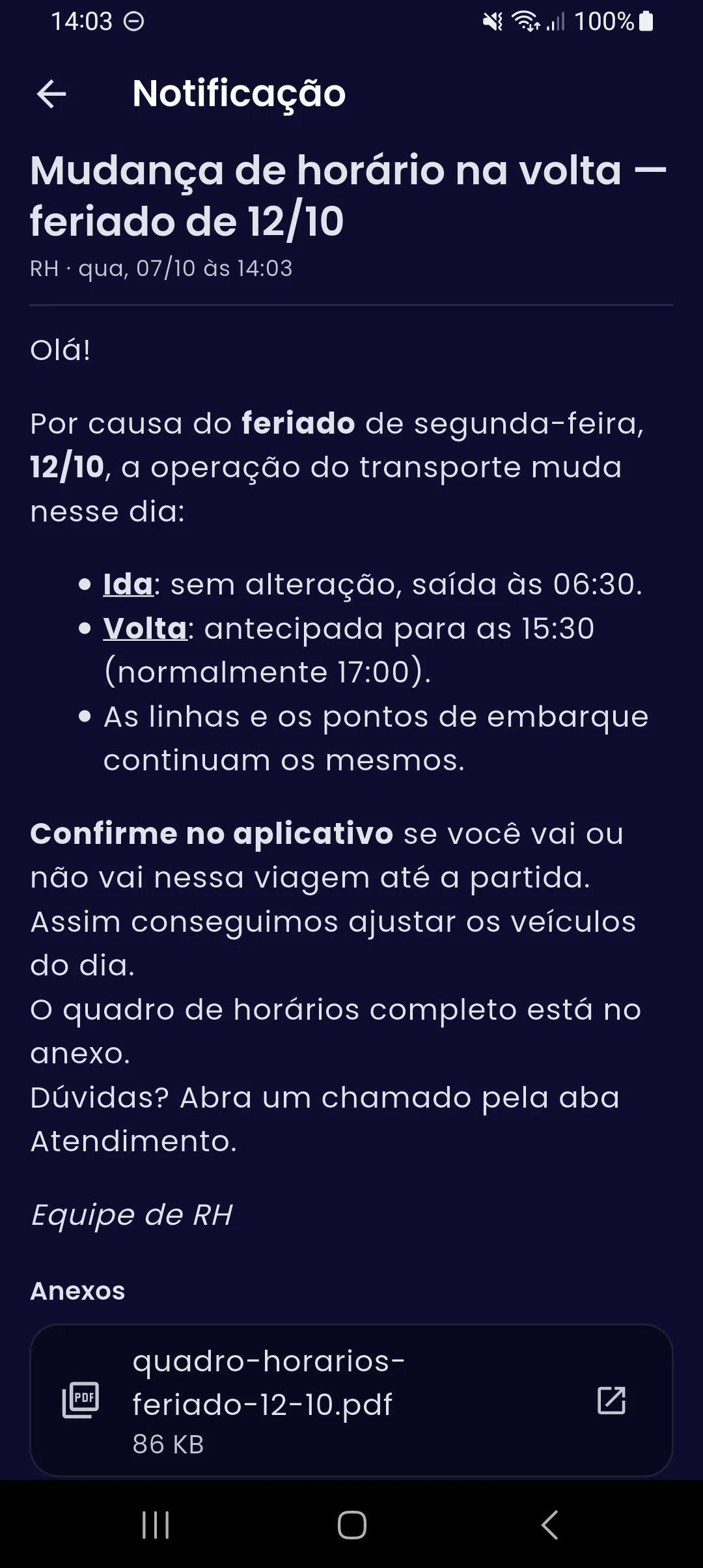Comunicado do RH aberto no aplicativo: mudança de horário da volta por causa de um feriado, em texto formatado, com um quadro de horários em PDF anexado.