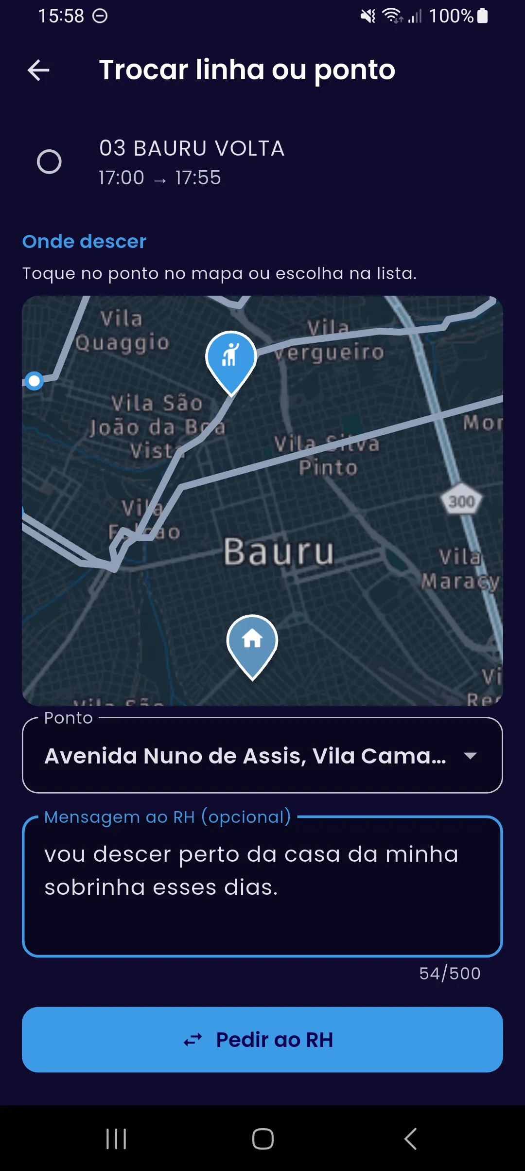 Continuação do pedido de troca: o mapa com a casa e o ponto escolhido, o ponto por escrito, uma mensagem ao RH e o botão Pedir ao RH.
