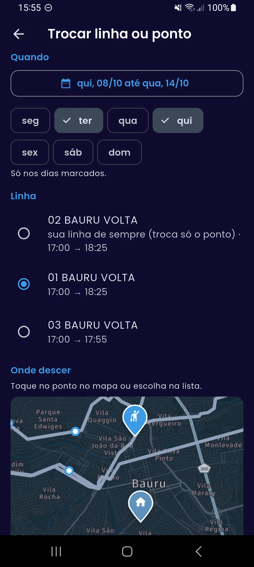 Tela Trocar linha ou ponto: o período de 08/10 a 14/10, terça e quinta marcadas e as linhas da volta, com a linha de sempre indicada como troca só de ponto e outra linha escolhida.