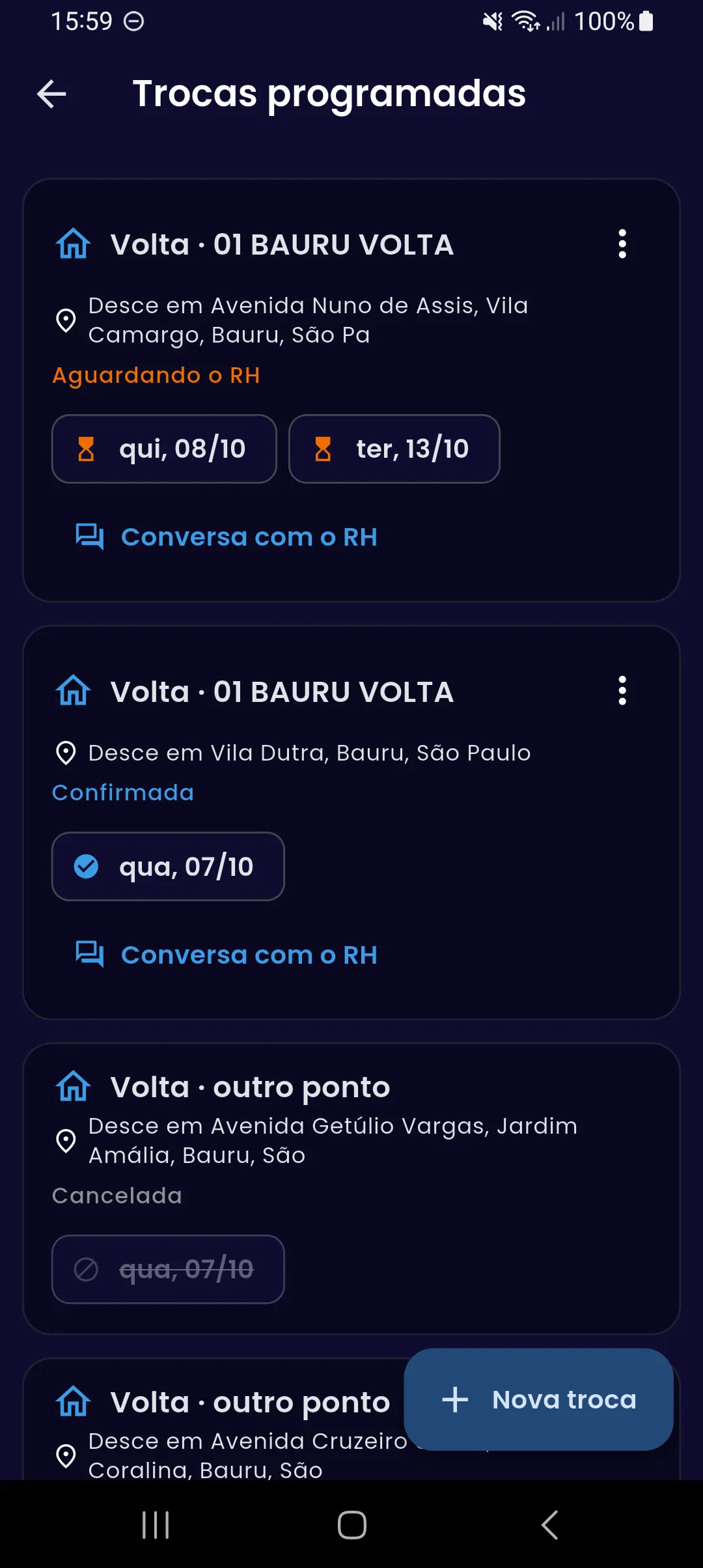 Tela Trocas programadas: um pedido aguardando o RH com dois dias marcados, uma troca confirmada e um dia cancelado.