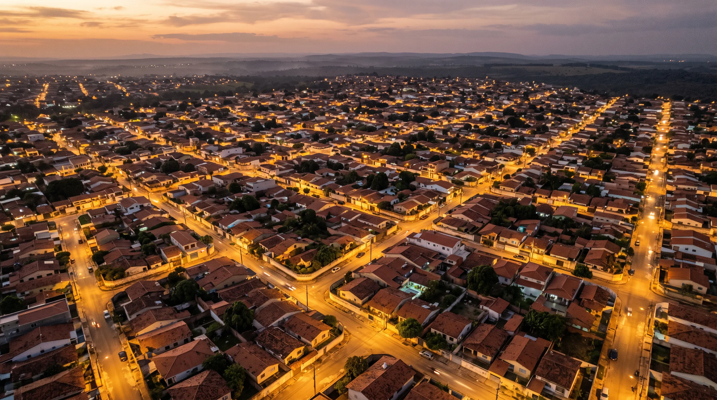 Vista aérea de um bairro residencial ao anoitecer, com casas de telhado cerâmico e ruas iluminadas formando uma malha irregular.