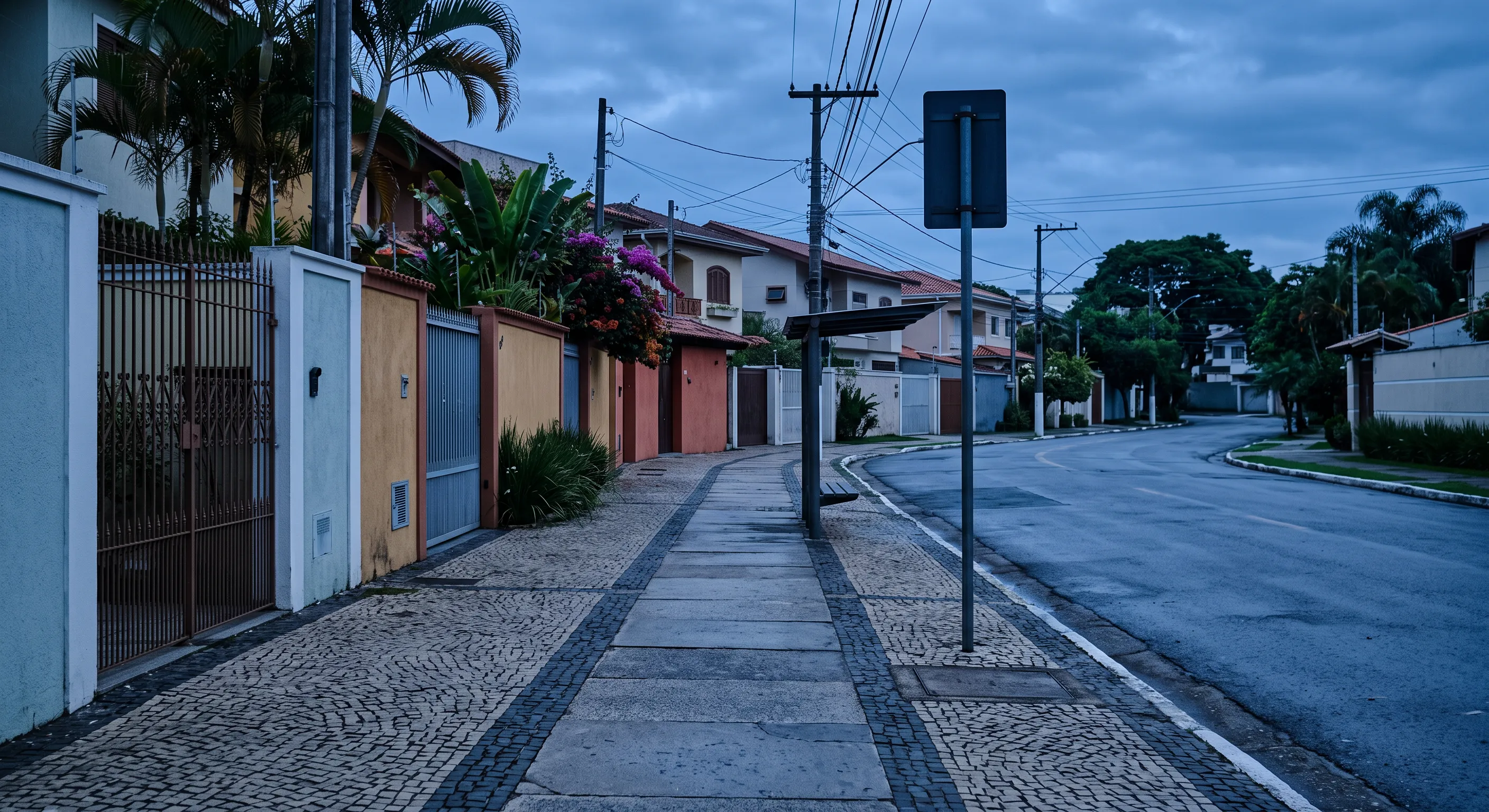 Calçada de uma rua residencial no começo da manhã, com portões e muros ao longo do caminho até uma esquina onde fica o poste de um ponto de ônibus.