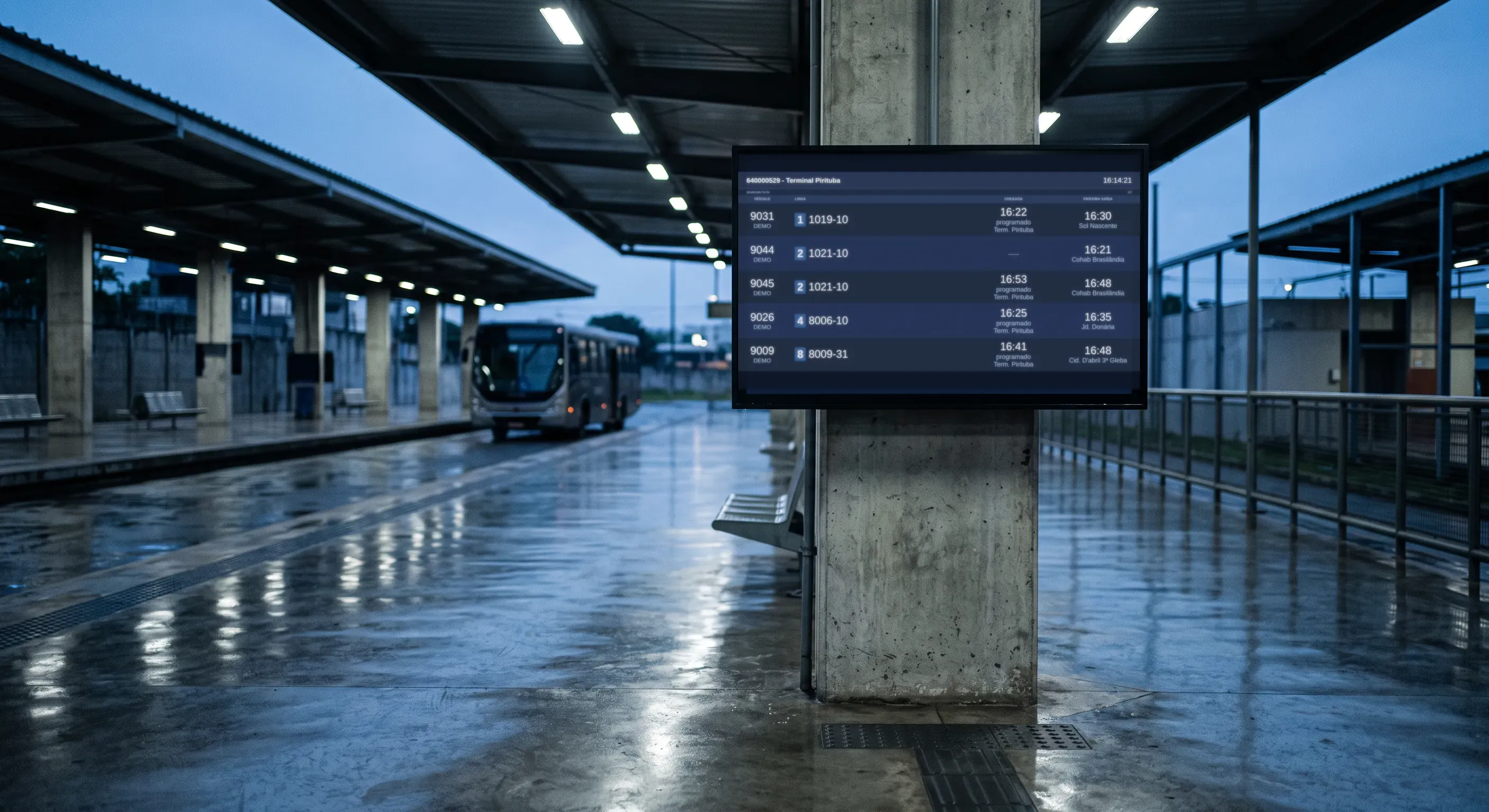 Montagem de um painel de ponto em um terminal urbano: a tela do sistema mostra veículo, linha, chegada e próxima saída, com dados de demonstração. Não é foto de um equipamento instalado.